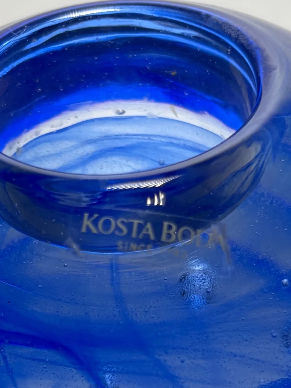Rare Vintage Kosta Sweden Blue Swirl Art Glass Votive Candle Holder